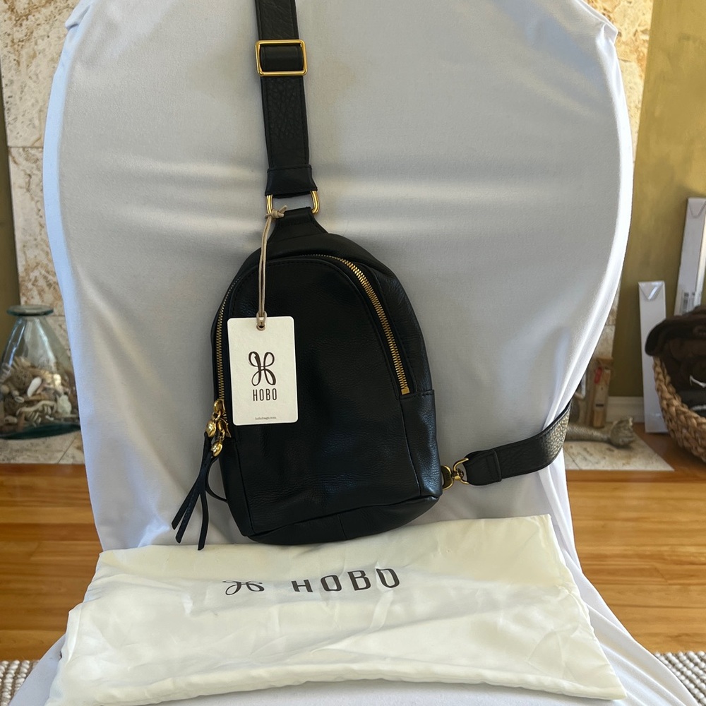 HOBO Black Leather Crossbody Sling Bag with Gold Hardware